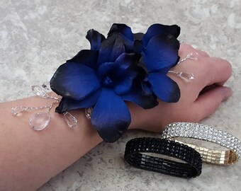 BOXED Blue Black Dendrobium Orchids, Crystals, Rhinestone Corsage - MATCHING Items Available