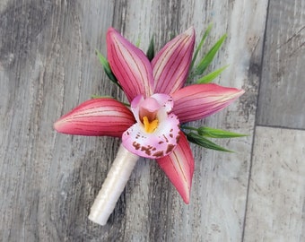BOXED Cymbidium Orchid Watermelon Pink with Greenery Boutonniere - MATCHING Corsages / Hair Pin