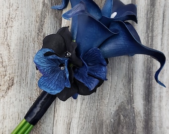Real Touch Navy Calla Lily Bouquet, Black & Navy Hydrangea Diamonds, Bridal - MATCHING Items Available