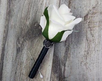 BOXED Ivory Rose Bud, Black Silver Trim, Gatsby Boutonniere