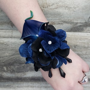 BOXED Real Touch Navy Calla Lily, Navy Blue & Black Hydrangea Clear Diamonds, Black Crystals LACE Corsage - MATCHING Boutonniere / Bouquet