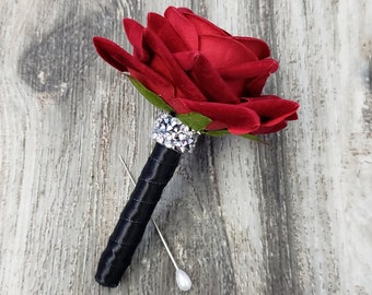 BOXED Red Velvet Rose Dazzling Rhinestone Boutonniere - MATCHING Corsages & Hair Clips