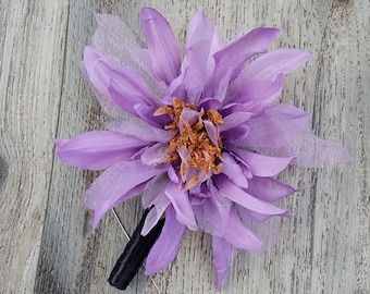 BOXED Purple with Sheer Petal Accents Dahlia Boutonniere - MATCHING Corsages & Hair Clip