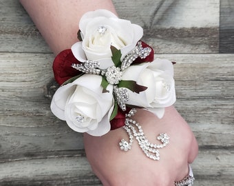 BOXED Real Touch White Roses, Silver Diamond Accents, Hydrangea - Lace Corsage - MATCHING Items Available