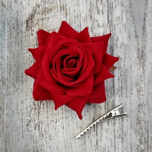 BOXED 2.65" Red Velvet Rose Hair Clip - MATCHING Corsages & Boutonnieres