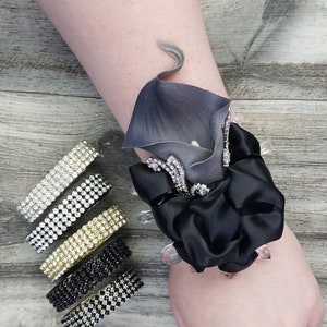 BOXED Real Touch Smoke Grey Calla Lilies, Rhinestones & Satin Bow - Rhinestone Wrist Corsage - MATCHING Boutonniere