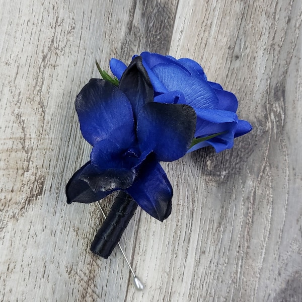 BOXED Real Touch Blue Rose, Midnight Sky Blues Black Galaxy Dendrobium Orchid Boutonniere - MATCHING Corsages / Hair Clip