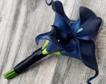 Real Touch Navy Calla Lily Bouquet – Wedding, Bridal Toss, Flower Girl, Bridesmaid - Matching Items