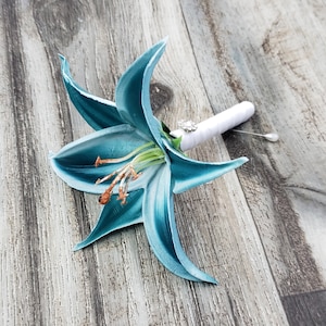 BOXED Real Touch Dark Teal Stargazer Tiger Lily with a Rhinestone Button Boutonniere - MATCHING Corsages