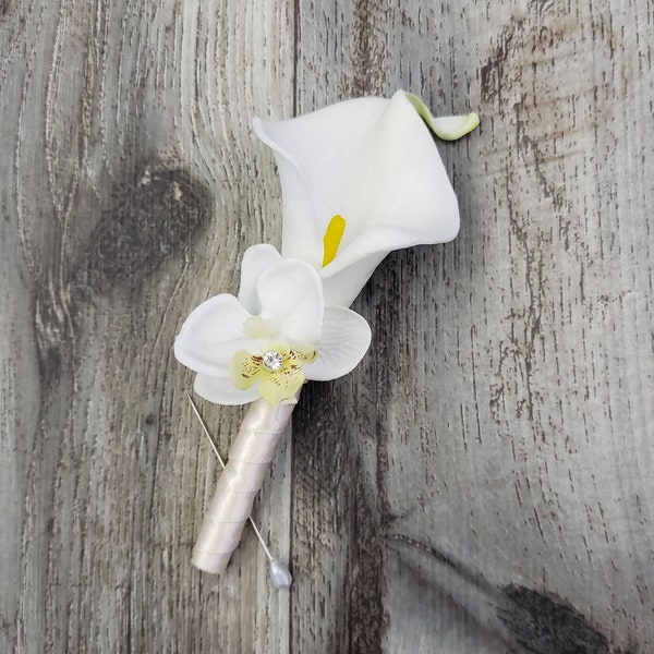 BOXED Real Touch White Calla Lily, Mini Real Touch Phalaenopsis Orchid Diamond Center Boutonniere - MATCHING Corsage/Hair Pin/Comb