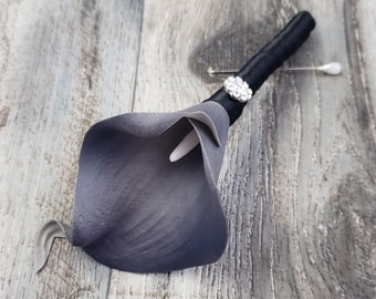 BOXED Real Touch Smoke Grey Calla Lily with a Rhinestone Button Boutonniere - MATCHING Items Available