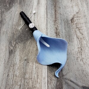 BOXED Real Touch Baby Blue Calla Lily with a Rhinestone Button Boutonniere