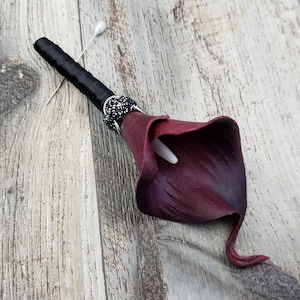 BOXED Real Touch Wine Burgundy Calla Lily, Silver & Black Trim Boutonniere - MATCHING Items Available