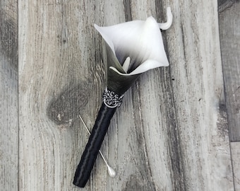 BOXED Real Touch Black Picasso Calla Lily, Silver & Black Trim Boutonniere - MATCHING Items Available