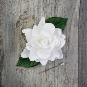 BOXED White Gardenia with Leaf Accents Boutonniere - MATCHING Corsages / Hair Pin - Light Pink Option