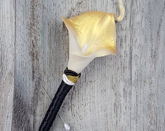 BOXED Real Touch Gold Calla Lily with Black, White & Metallic Gold Rope Trim Boutonniere