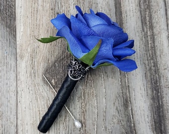 BOXED Modern Real Touch Gatsby Romantic Blue Rose Boutonniere - MATCHING Corsages / Hair Pin