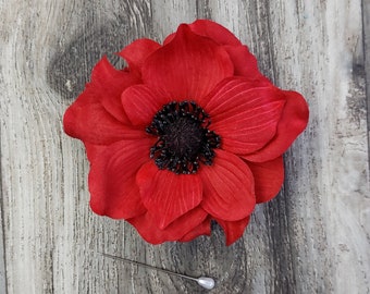BOXED Red Poppy Realistic Center Boutonniere - MATCHING Corsages / Hair Clip