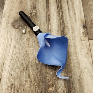 LAST One - BOXED Real Touch Cornflower Periwinkle Blue Calla Lily with a Rhinestone Button Boutonniere