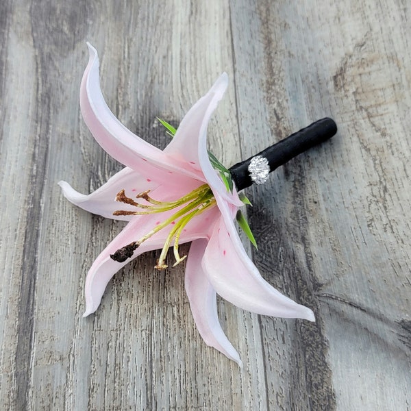 BOXED Real Touch Light Pink White Stargazer Tiger Lily with a Rhinestone Button Boutonniere - MATCHING Corsages