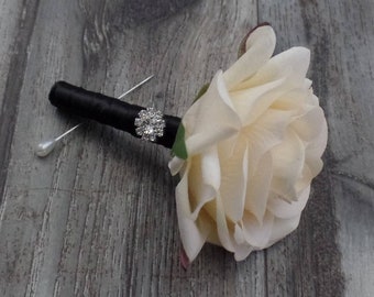 BOXED Real Touch Champagne Rose with Rhinestone Button Boutonniere - MATCHING Corsages / Hair Pin / Bouquets