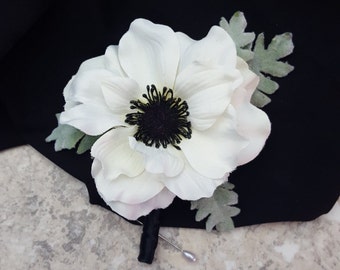 BOXED Realistic Cream White Anemone Boutonniere, Dusty Miller Accents - MATCHING Items Available