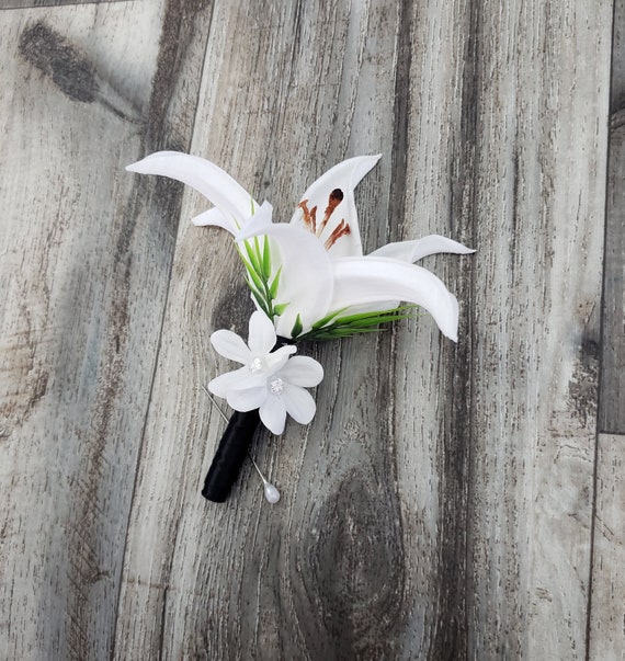 BOXED Real Touch White Stargazer Tiger Lily, White Stephanotis Flowers  Diamonds Boutonniere - MATCHING Corsages - Etsy