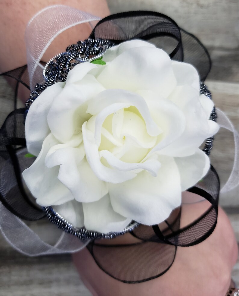 MATCHING BoutonniereHair Clip Metallic Black Silver Trim Rhinestone Wrist Corsage BOXED Real Touch Gatsby Romantic White Gardenia Ribbon