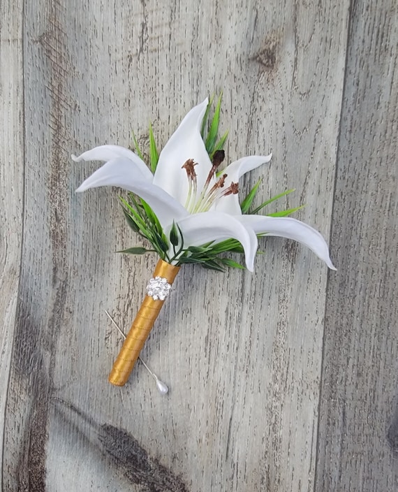 BOXED Real Touch White Stargazer Tiger Lily With a Rhinestone Button  Boutonniere - MATCHING Corsages - Etsy