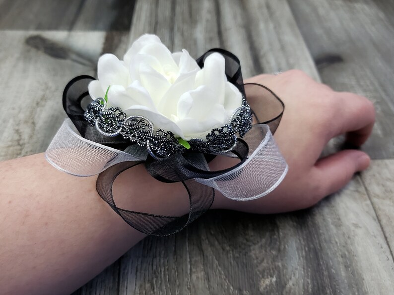 MATCHING BoutonniereHair Clip Metallic Black Silver Trim Rhinestone Wrist Corsage BOXED Real Touch Gatsby Romantic White Gardenia Ribbon
