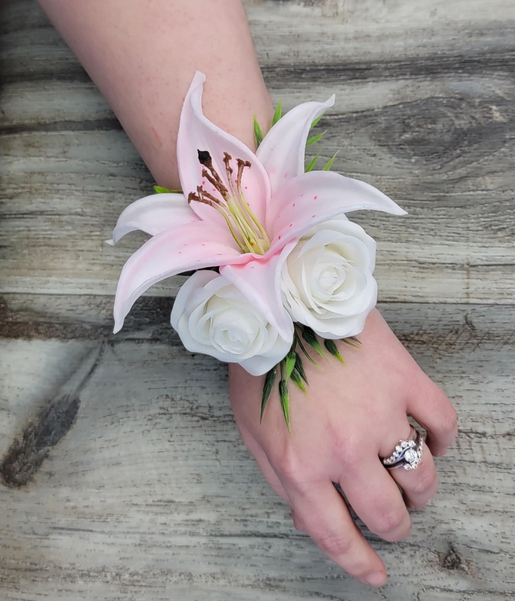 BOXED Light Pink Tiger Lily & White Roses, Greenery - Lace Corsage