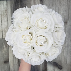 Real Touch Roses with Diamonds Bridal / Bridesmaid / Wedding Bouquet - MATCHING Boutonnieres / Corsages / Hair Pins Available
