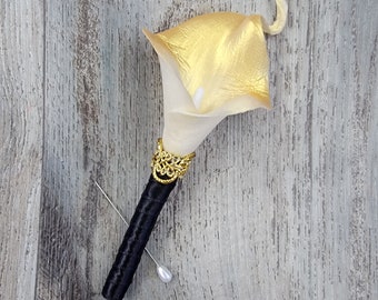 BOXED Real Touch Gold Calla Lily with Gold Trim Boutonniere
