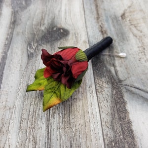 BOXED Red Burgundy Dahlia Bud with Bendable Deep Green Leaves Boutonniere MATCHING Corsages image 2