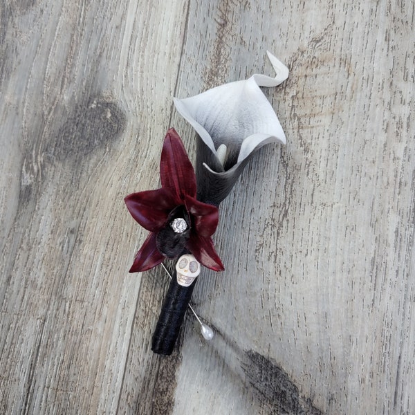 BOXED Real Touch White Black Picasso Calla Lily, Burgundy & Black Galaxy Orchid with Skull Boutonniere - MATCHING Corsage
