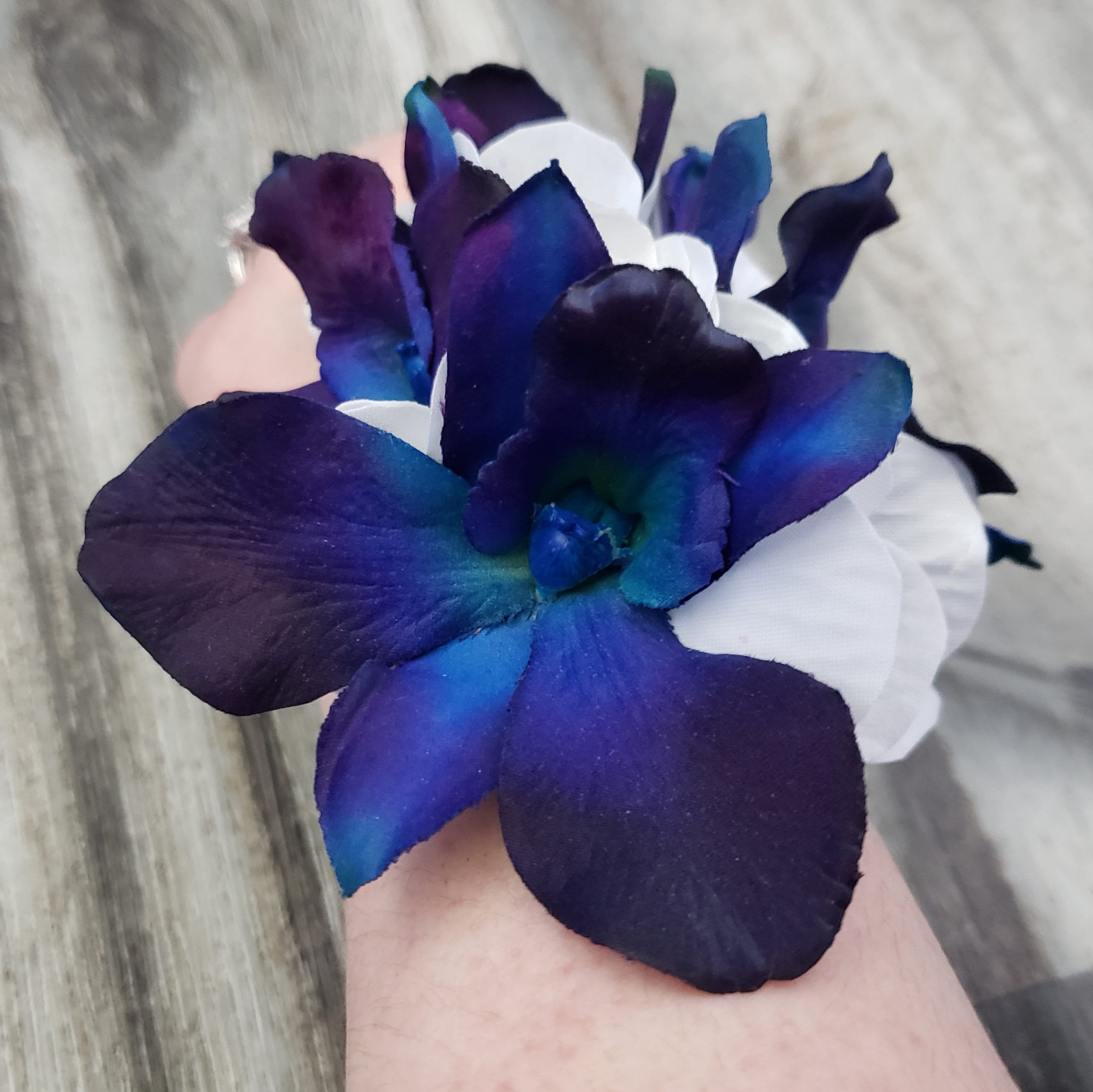 BOXED Bright Blue Dark Purple Galaxy Orchids, Velvet White
