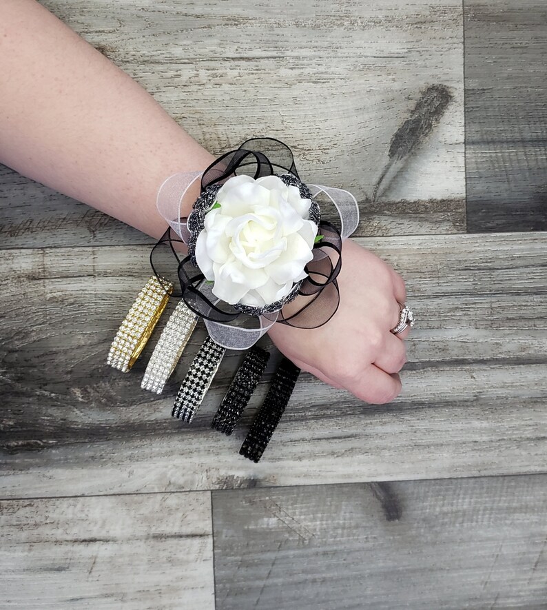 MATCHING BoutonniereHair Clip Metallic Black Silver Trim Rhinestone Wrist Corsage BOXED Real Touch Gatsby Romantic White Gardenia Ribbon