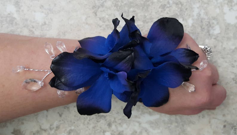 Crystals Rhinestone Wrist Corsage MATCHING Boutonniere BOXED Majestic Blue Purple Black Singapore Galaxy Dendrobium Orchids