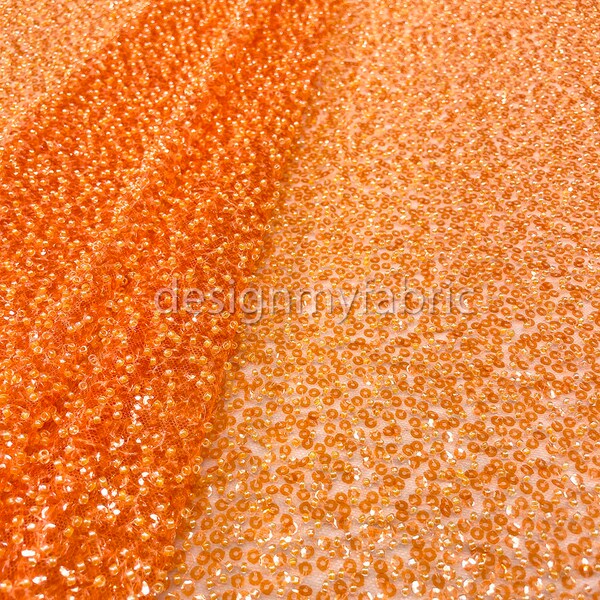 Free shipping. Orange beaded and sequined lace fabric #200314