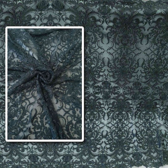 Free shipping. Dark grey beaded lace fabric 91406