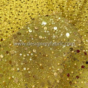 Livraison gratuite. Tissu dentelle jaune-vert avec perles et paillettes 50526 image 3