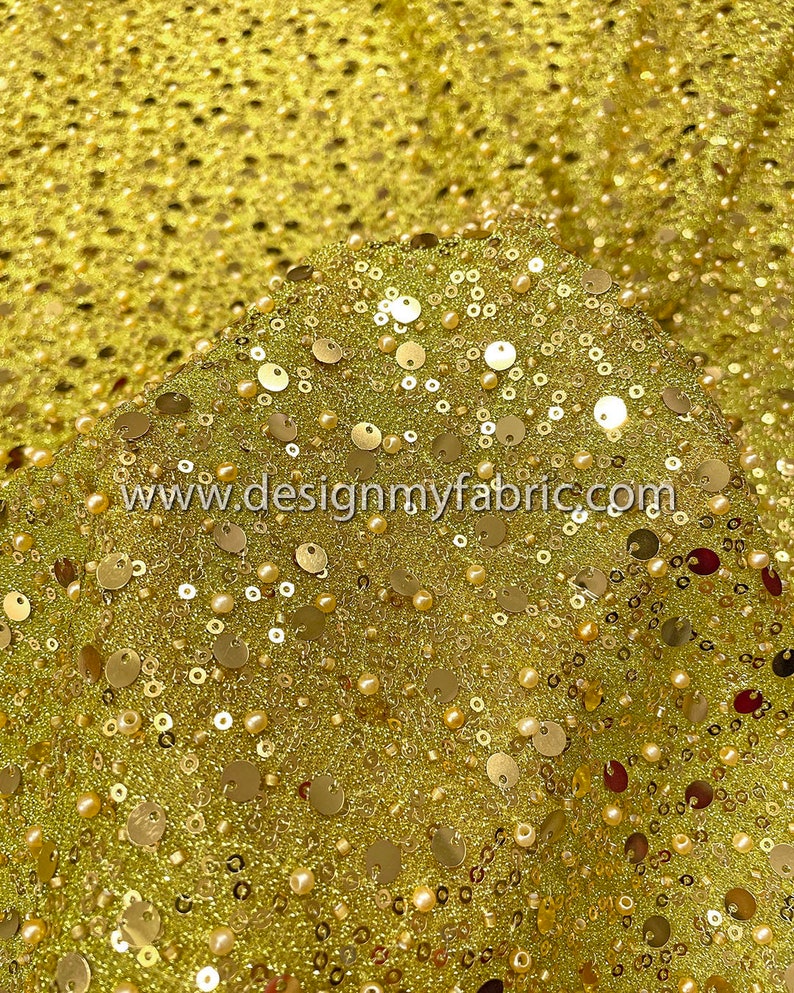 Livraison gratuite. Tissu dentelle jaune-vert avec perles et paillettes 50526 image 3