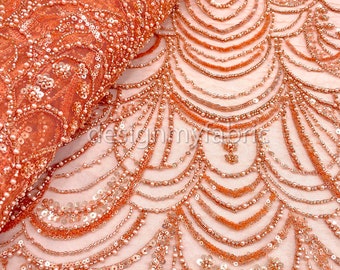 Free shipping. Orange sequined lace fabric with beads #200359