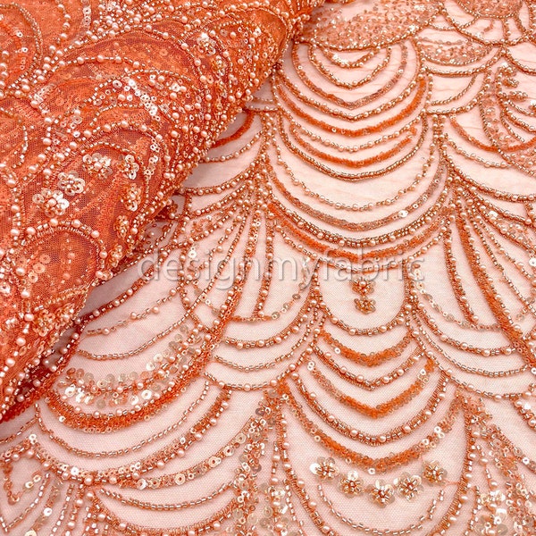 Livraison gratuite. Tissu orange en dentelle à sequins avec des perles #200359