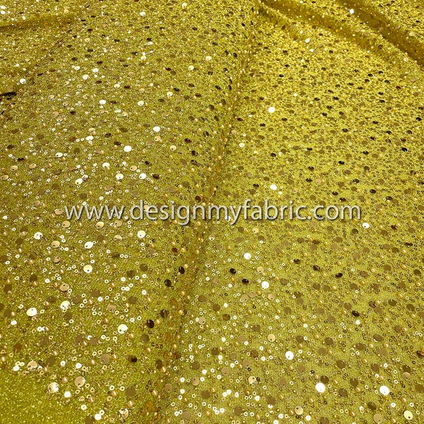 Free shipping. Yellow Green pearls and sequin lace fabric #50526