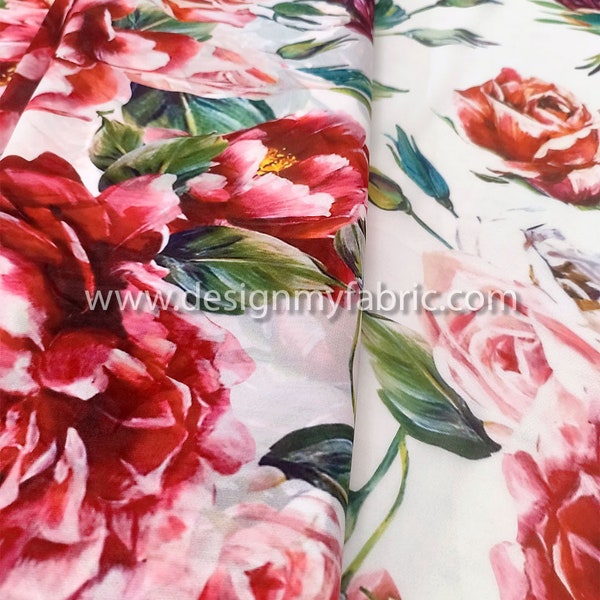 Free shipping. Red floral chiffon fabric #91378