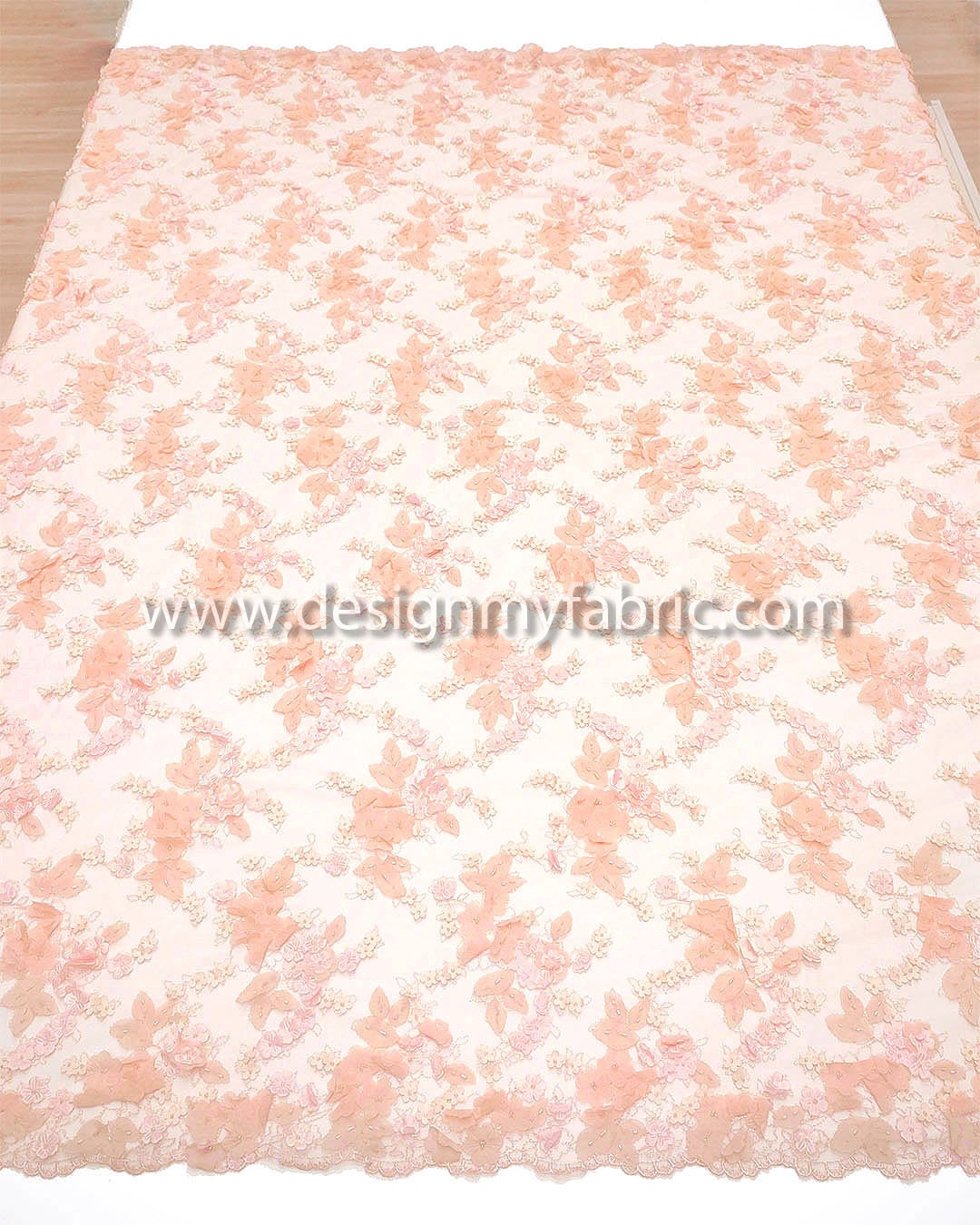 Free Shipping. Light Apricot Lace Fabric With 3d Flowers