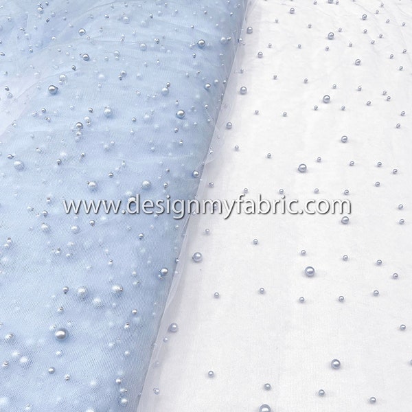 Free shipping. Baby Blue pearls lace fabric #51088