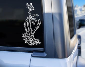 Floral Skeleton Hand Decal: Butterfly Car Window Sticker
