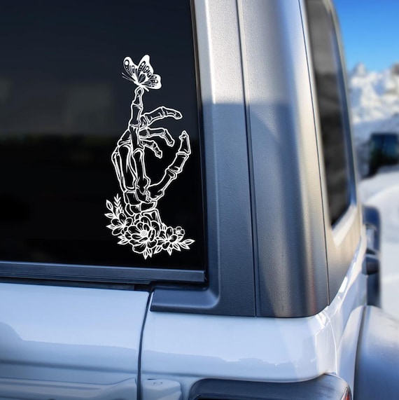 Floral Skeleton Hand Decal: Butterfly Car Window Sticker